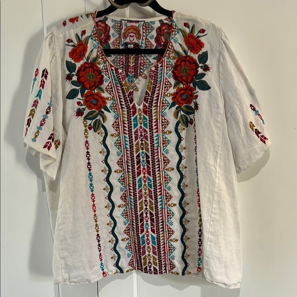 Johnny Was White Linen Embroidered Floral Loose Top
